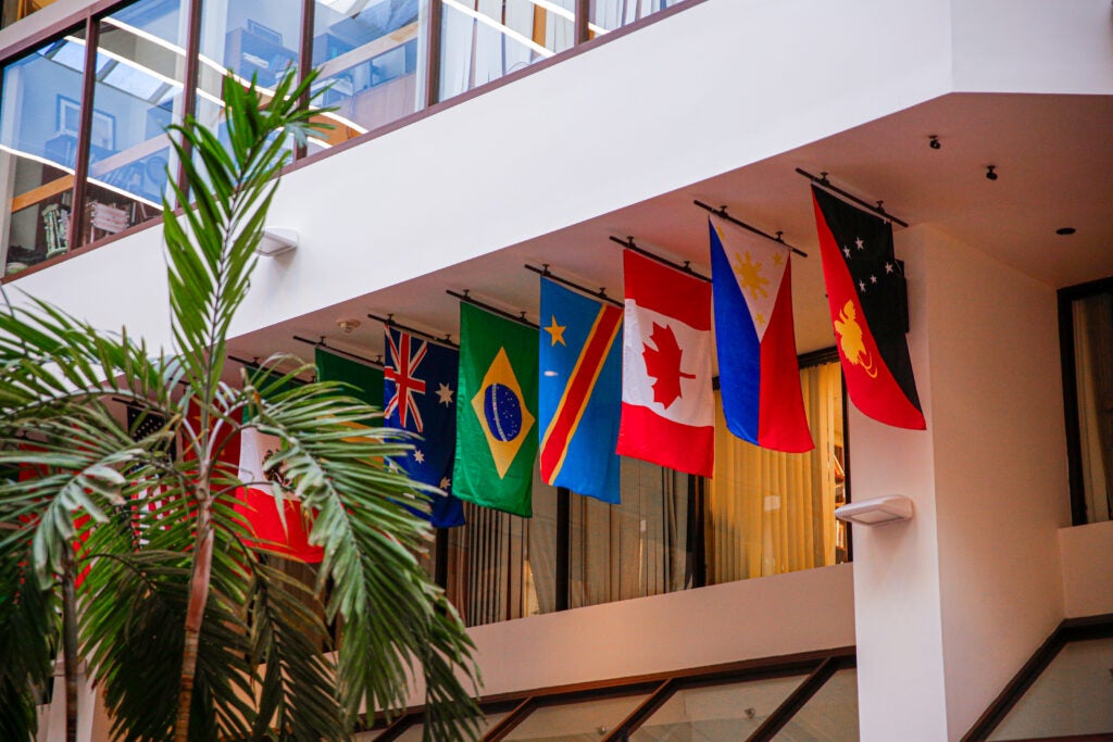 Flags from different countries hanging from the wall in the ICC building.