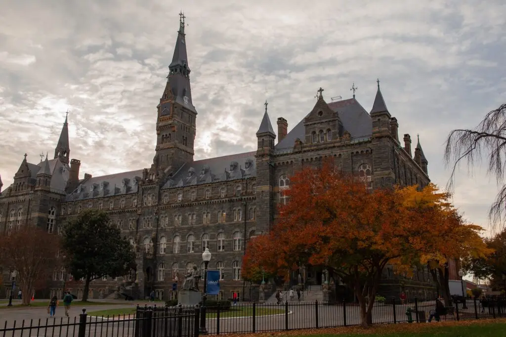 Healy Hall on Georgetown University's campus during a cloudy fall day
