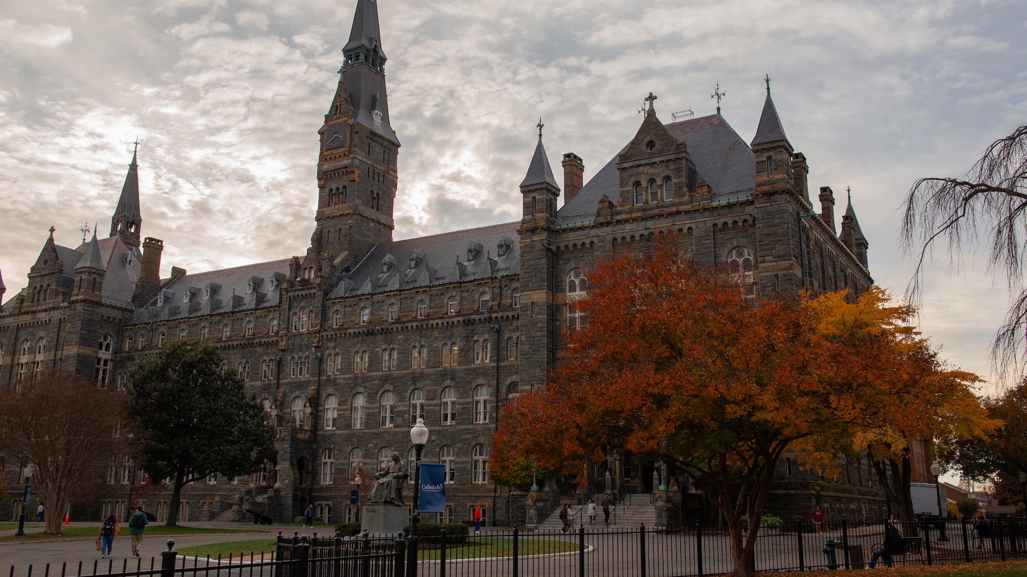 Healy Hall on Georgetown University's campus during a cloudy fall day