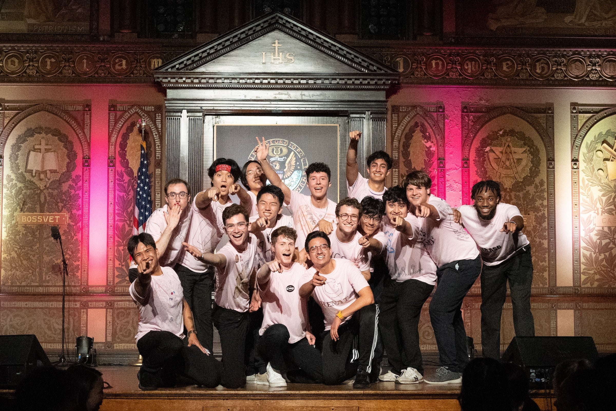 Jonathan Lee poses onstage in Gaston Hall with the other contestants in the Mr. Georgetown Pageant.
