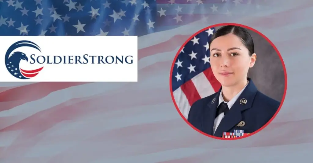 Headshot of Michaela Rubinfeld in navy blue military attire, with American flag background.