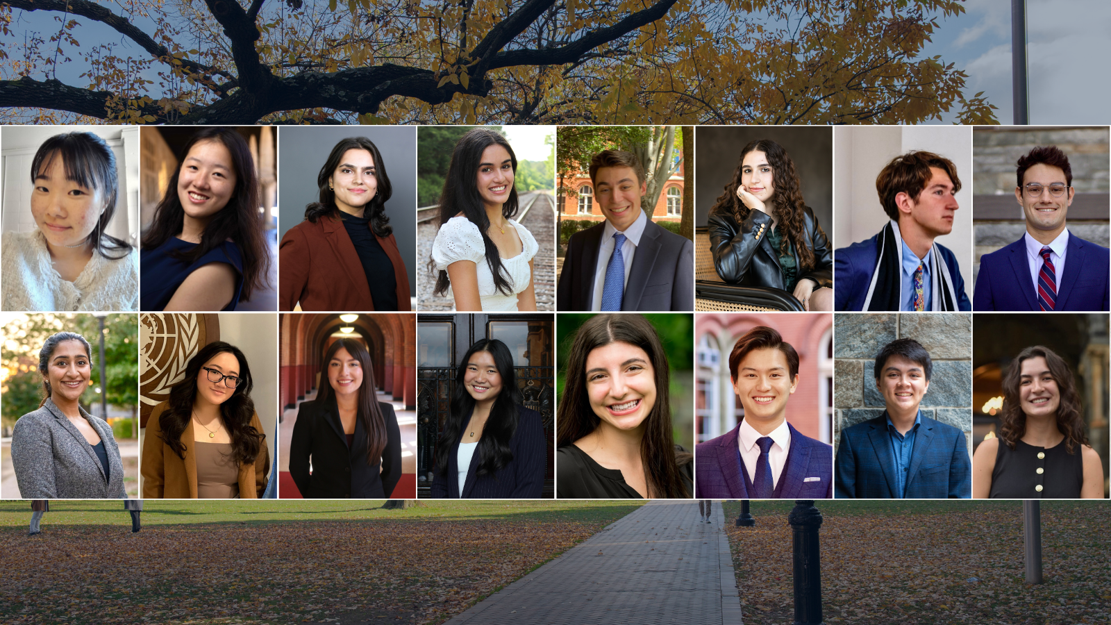 Sixteen photos in two rows with individual images of the 2024 Pelosi Scholars, each of whom is an undergraduate student at Georgetown University.