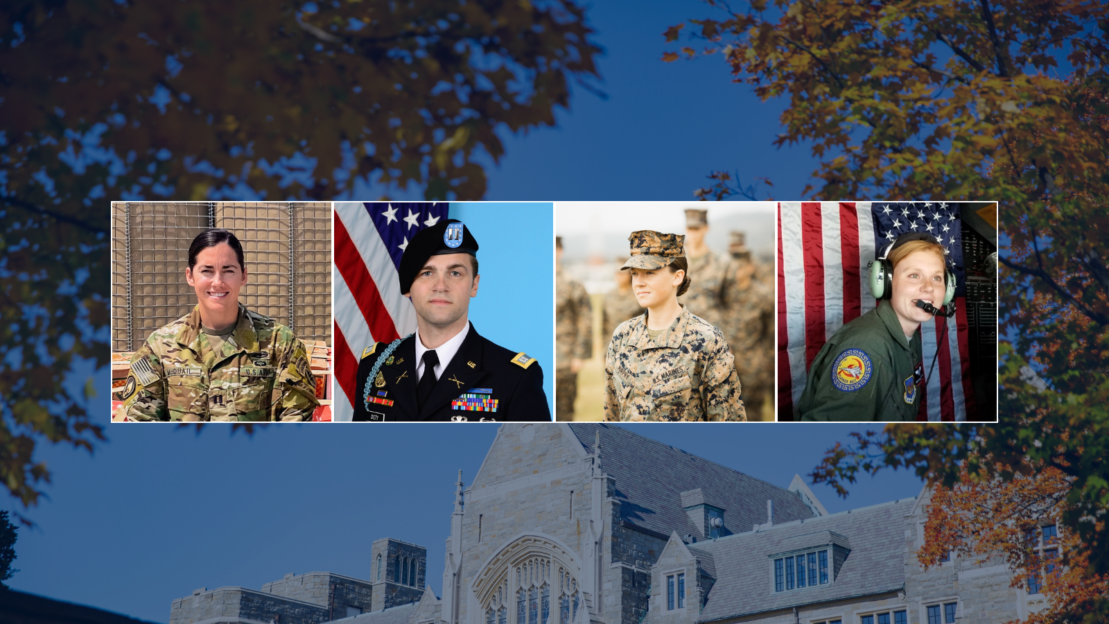 Collage of five individuals in U.S. military uniforms from various branches, with images of a gothic-style building and autumn foliage in the background.