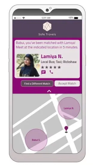 Smart phone image display of app 'Safe Travels'. App image shows a grey street grid with purple dialog box to display location of rider and driver in proximity with each other.