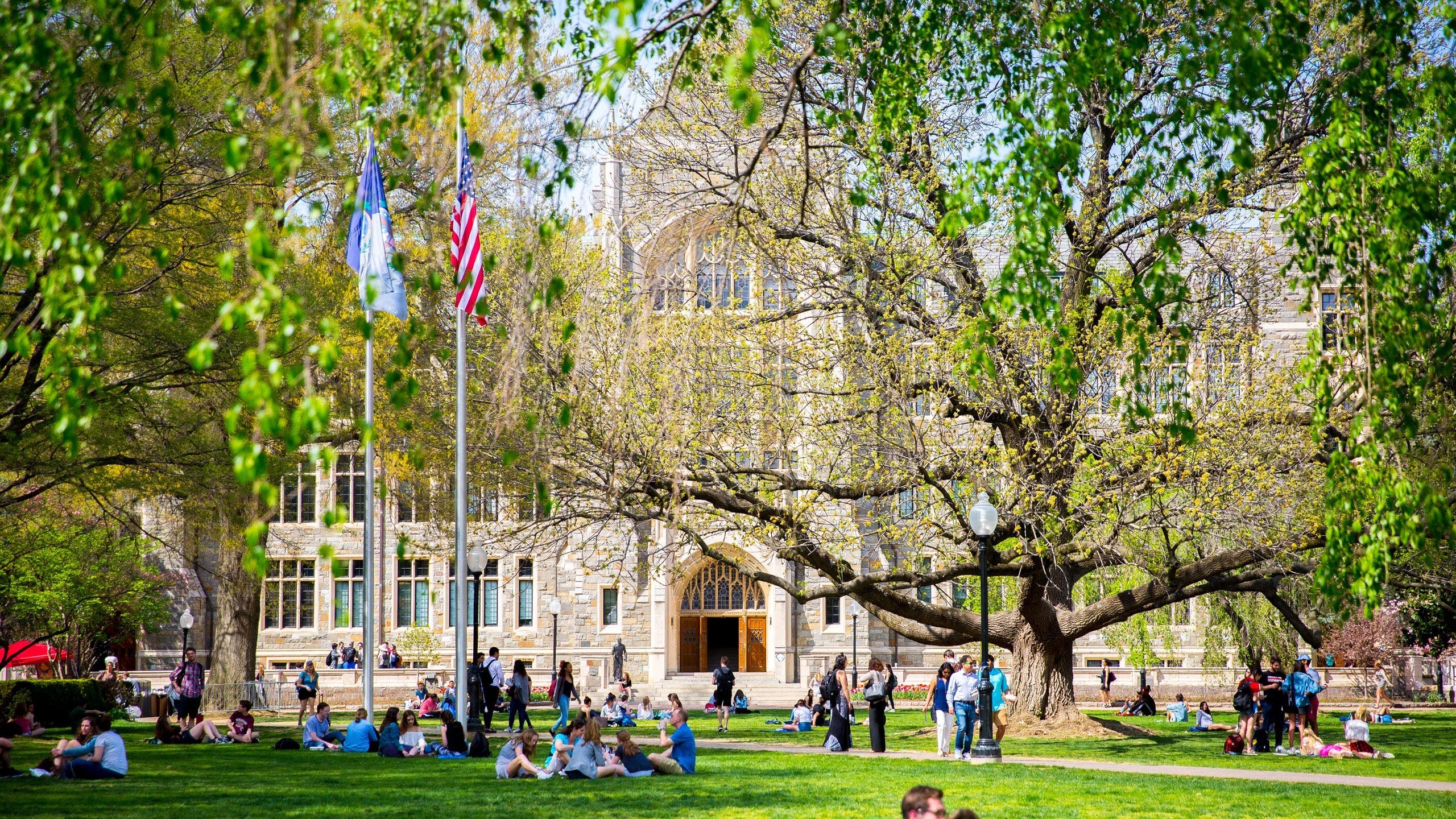 Georgetown campus in the spring. students sitting on the lawn, people walking in a sunny day. Trees are green.