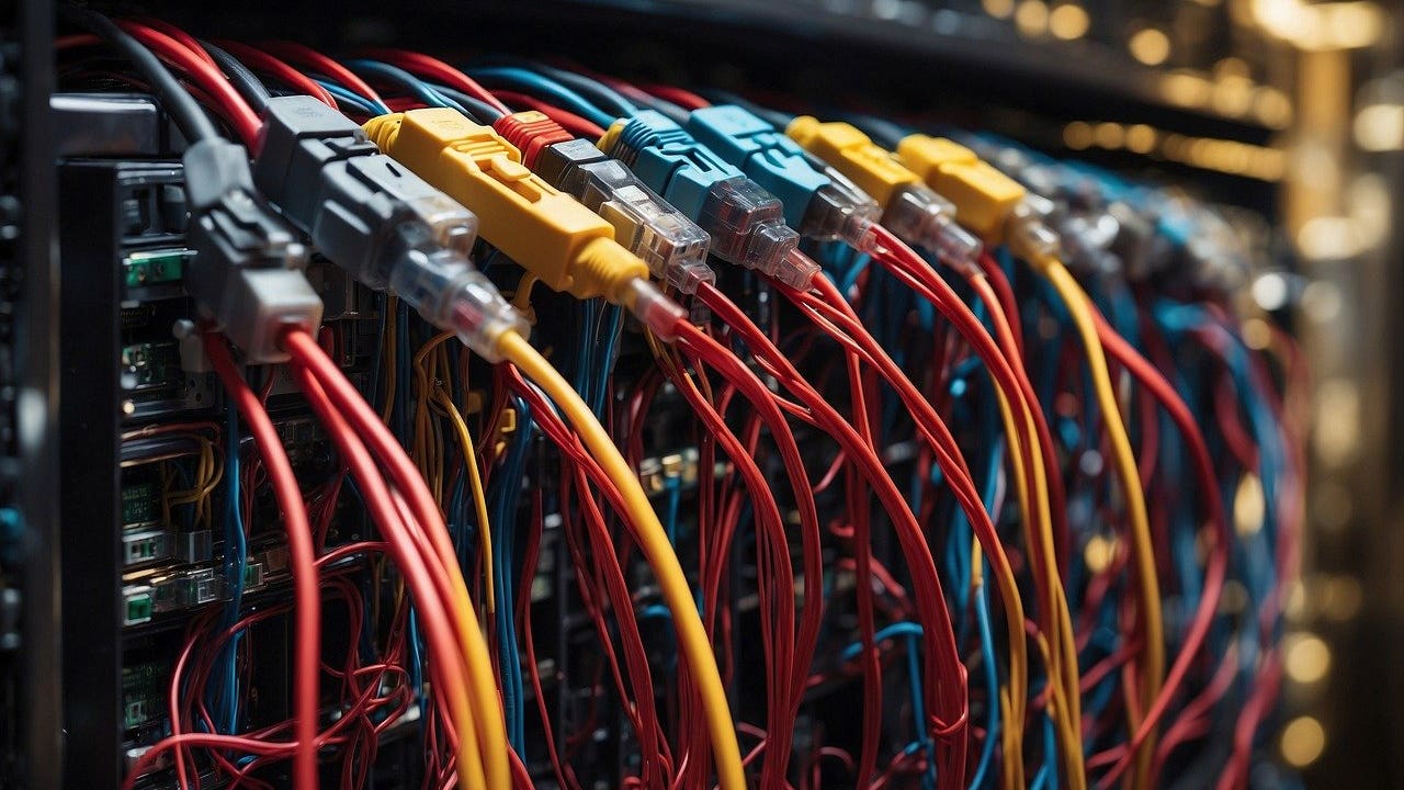 many cords emerging from back of server