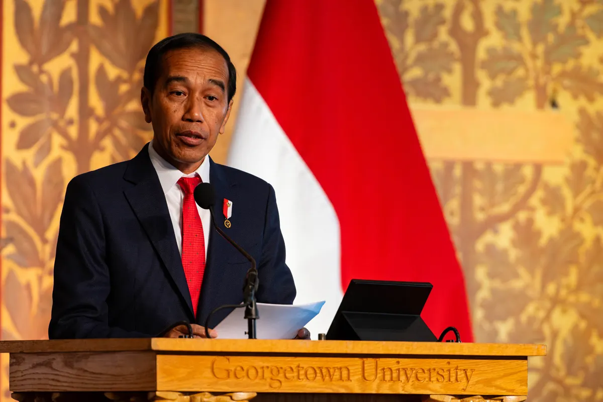 The prime minister of Indonesia giving a speech on a Georgetown University podium