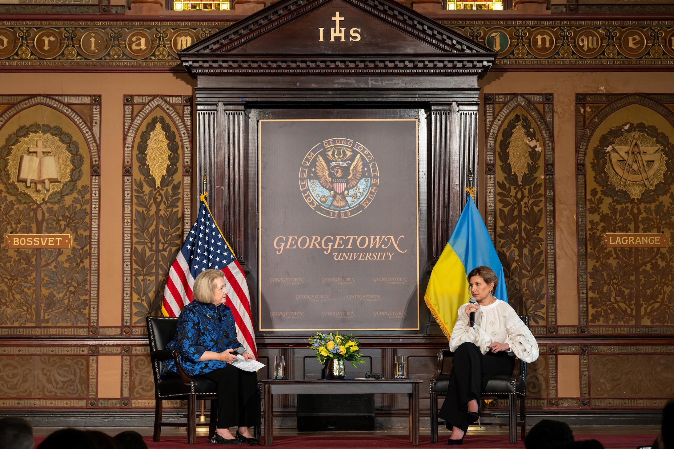 Olena Zelenska, First Lady of Ukraine, and Melanne Verveer, Executive Director of the Georgetown Institute for Women, Peace and Security having a conversation on stage in Healy Hall at Georgetown.