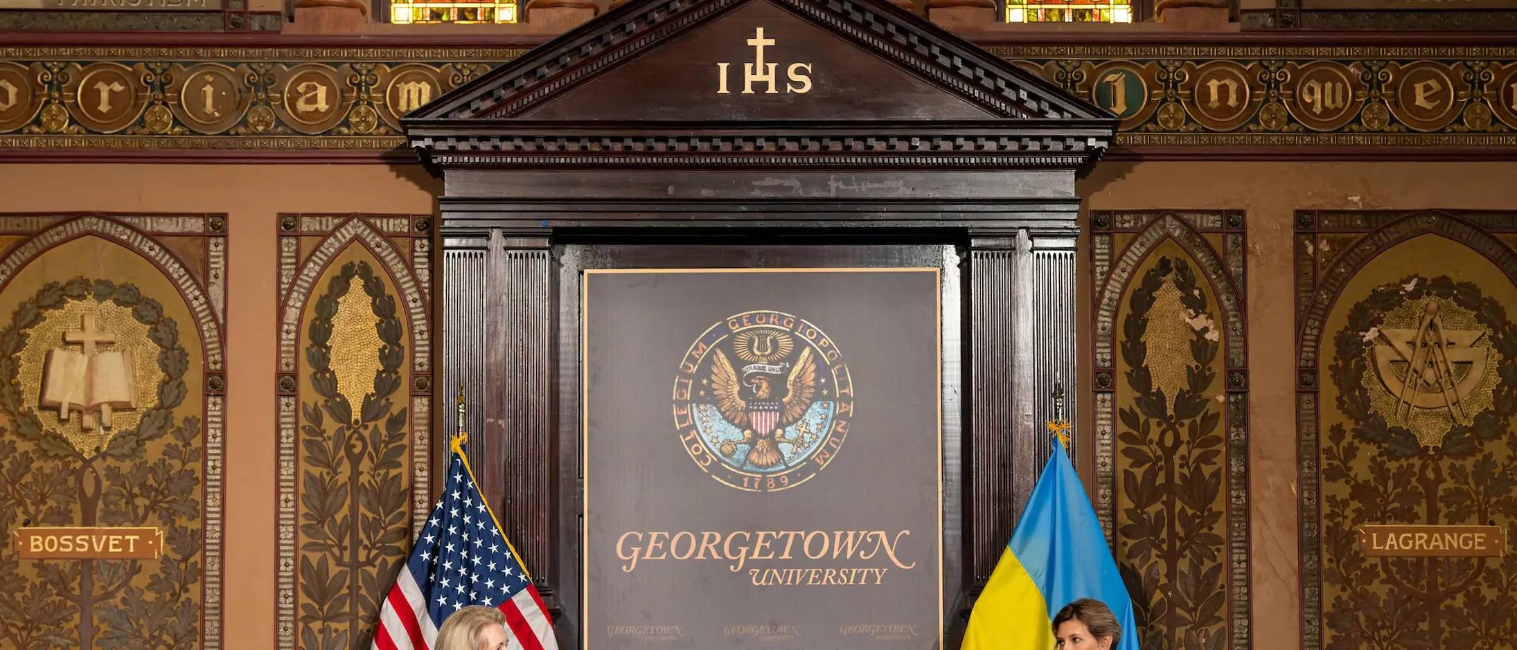 Olena Zelenska, First Lady of Ukraine, and Melanne Verveer, Executive Director of the Georgetown Institute for Women, Peace and Security having a conversation on stage in Healy Hall at Georgetown.