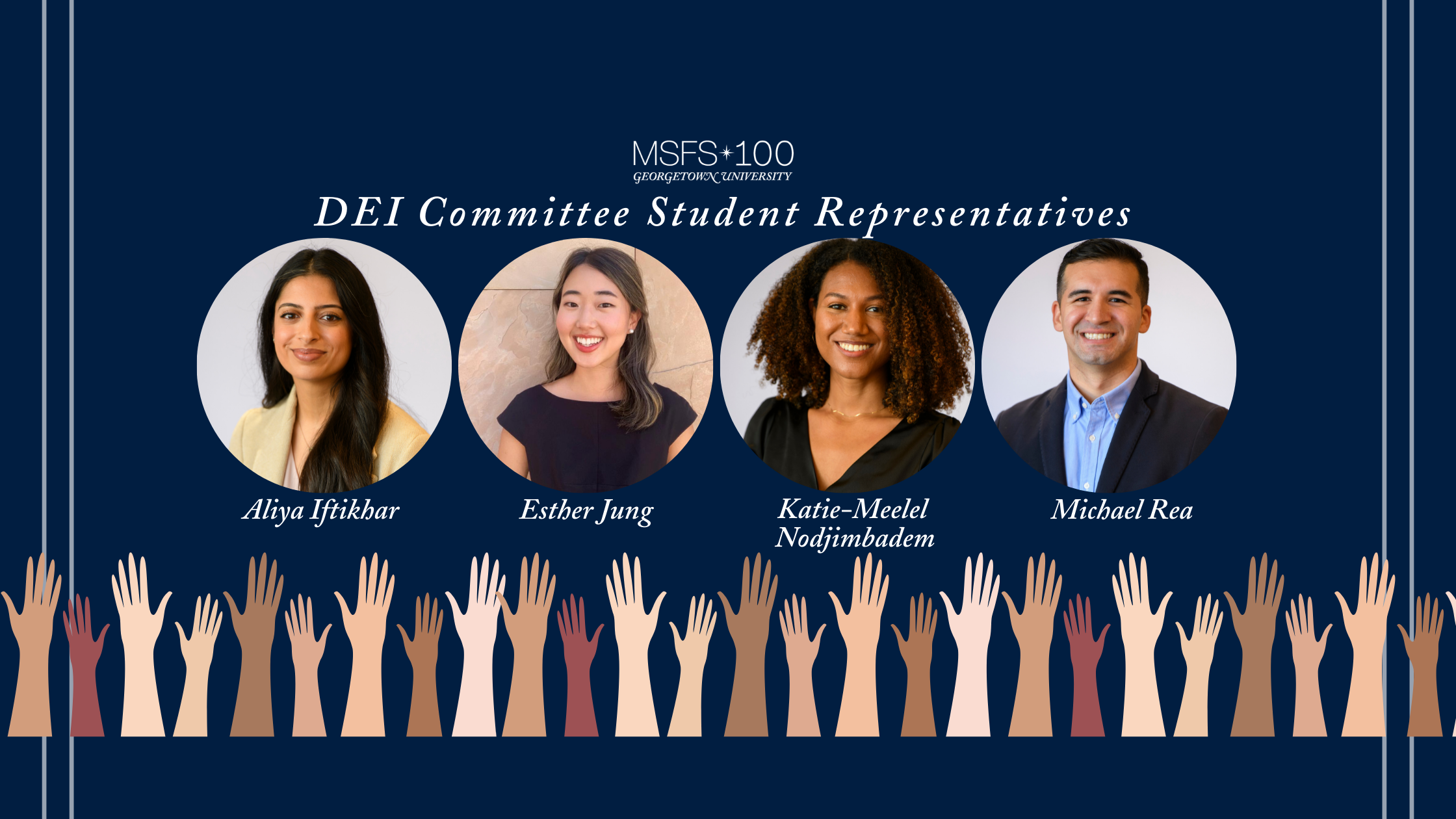 Banner with the headshots of the four SFS DEI student representatives.