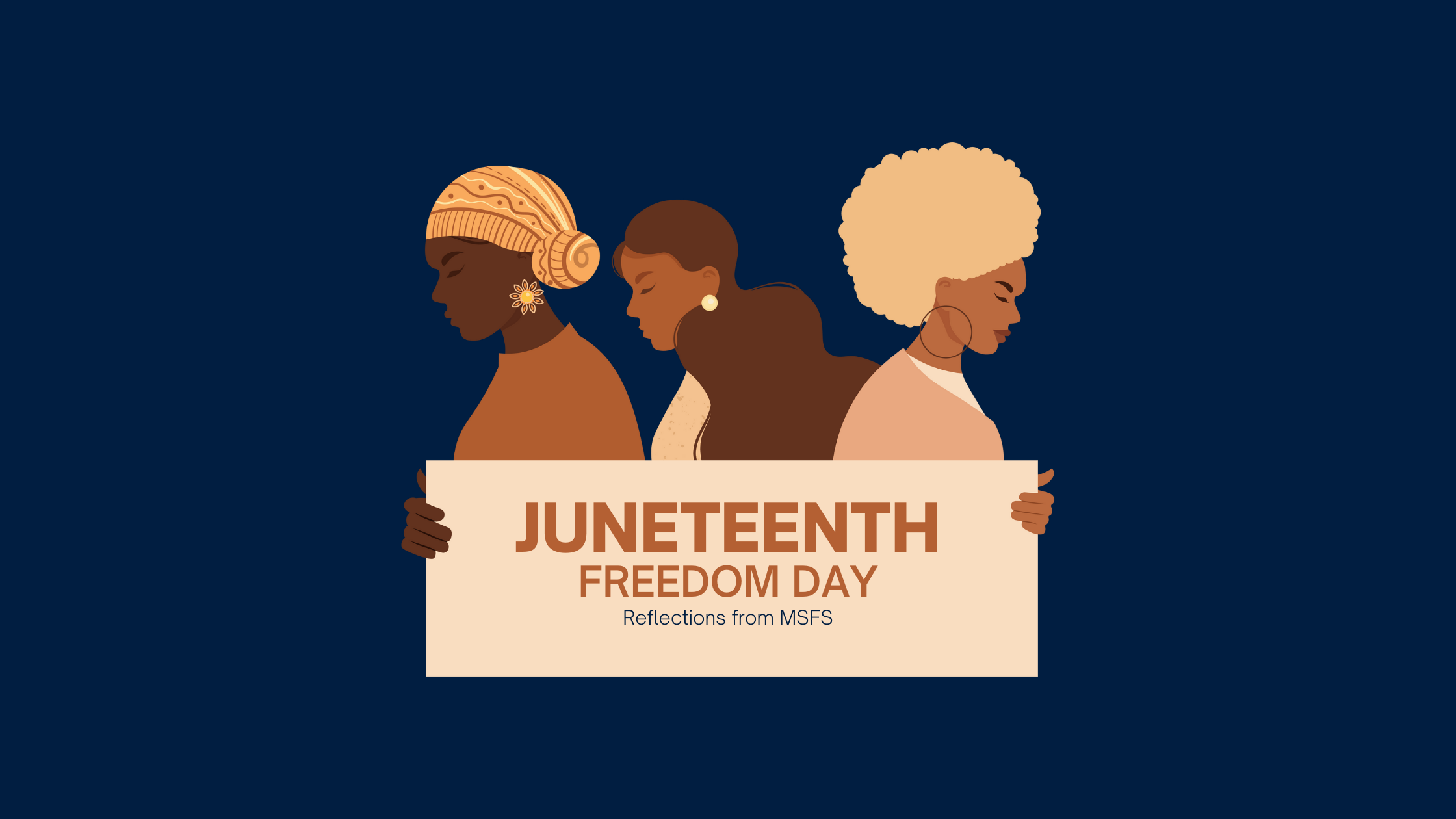 Banner with illustrations of women holding a Juneteenth Freedom Day sign.