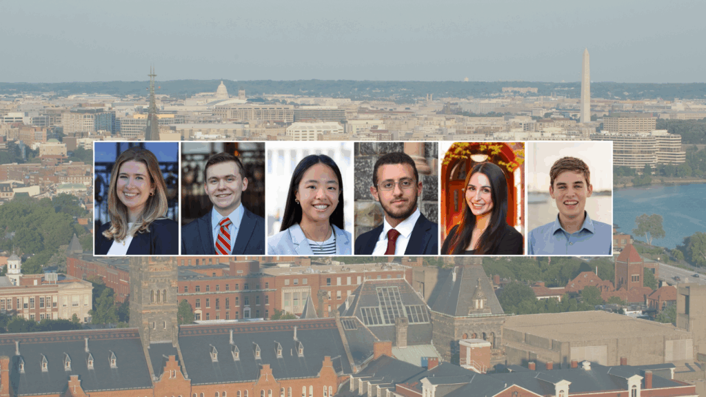 Composite image featuring five headshots of young professionals superimposed over an aerial view of Washington, D.C., including landmarks like the Washington Monument.