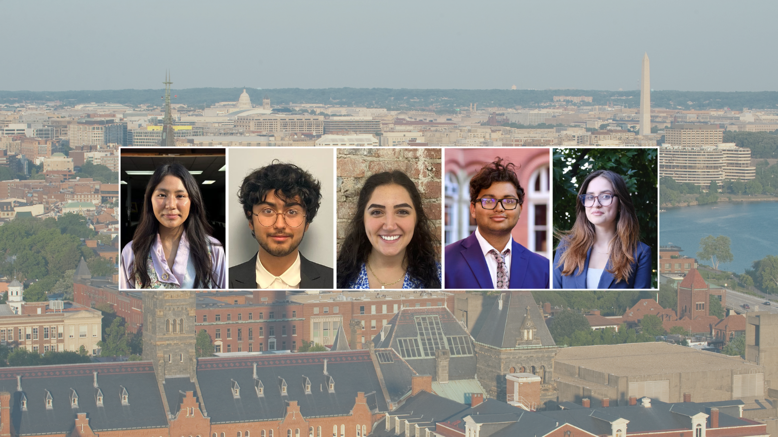 Aerial view of Washington, D.C. with five headshots of diverse young professionals overlaid at the center. Key landmarks such as the Capitol and Washington Monument are visible in the background.