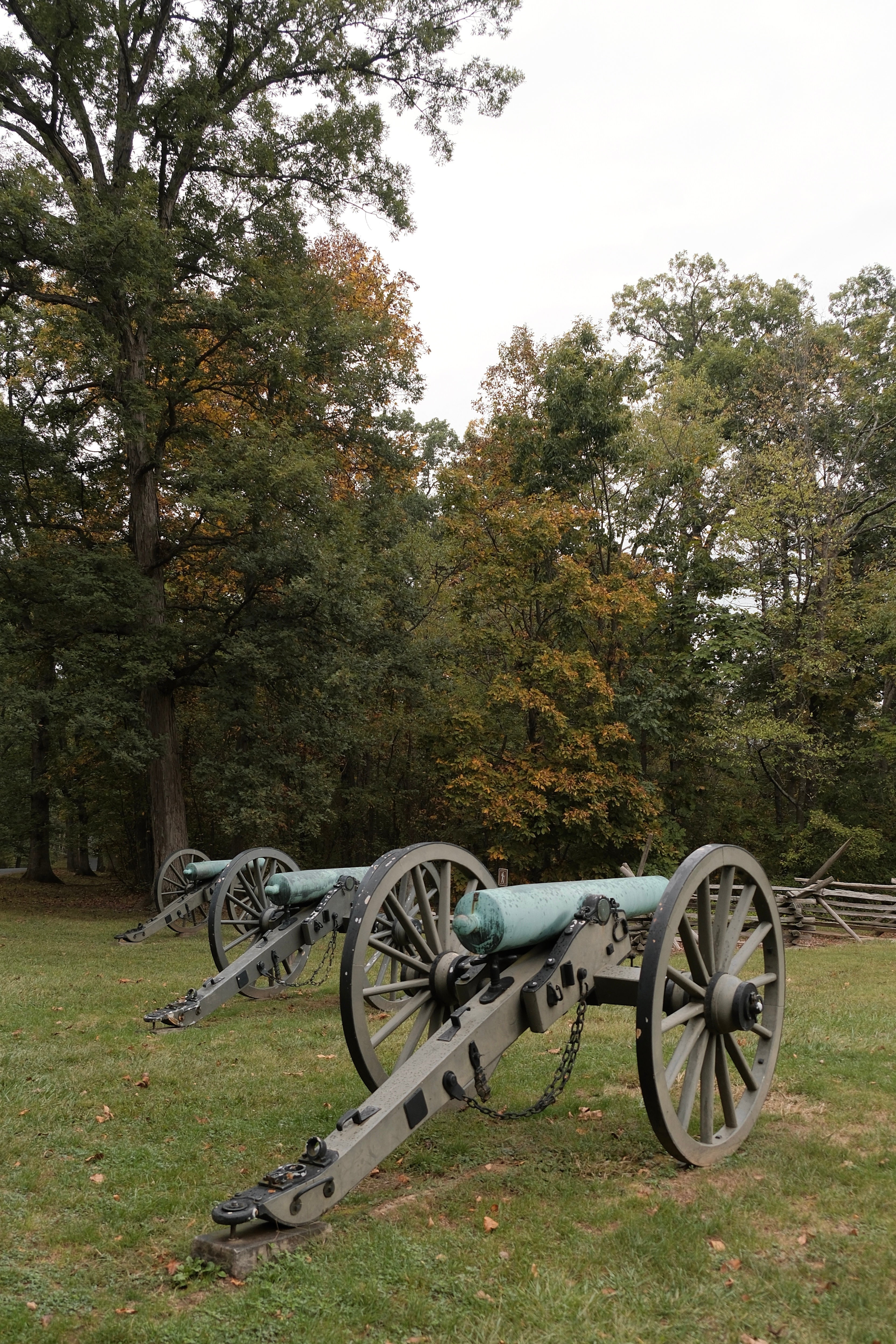 Two cannons, used during the Battle of Gettysburg, rest on wheels on the edge of a grass field. Beyond the field are trees and foliage.