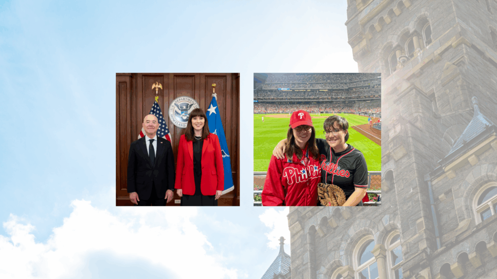 Three photos showing a formal meeting in an office with the United States flag in the background, a baseball game at a stadium with attendees wearing Philadelphia Phillies apparel, and an old stone building with intricate architecture.