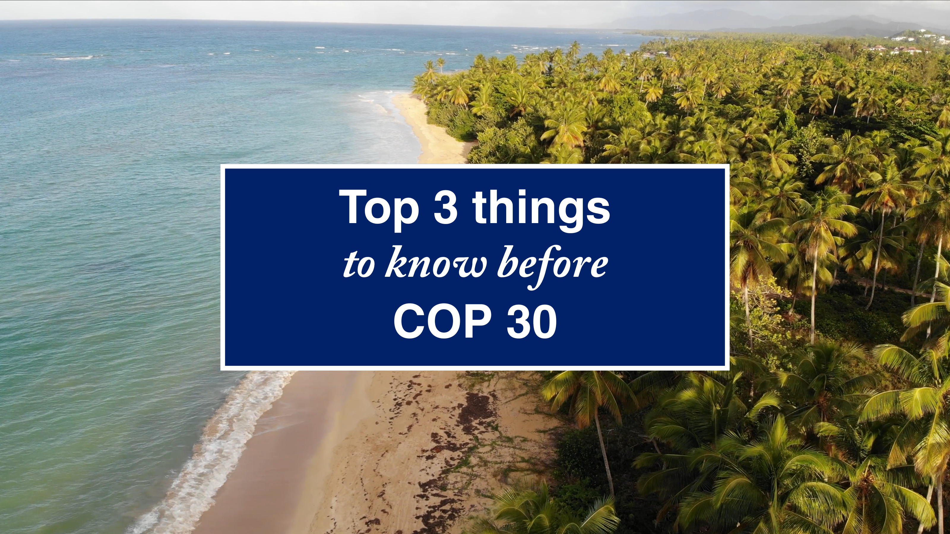 Aerial view of a tropical beach with dense palm trees, featuring a blue banner that reads "Top 3 things to know before COP 30."