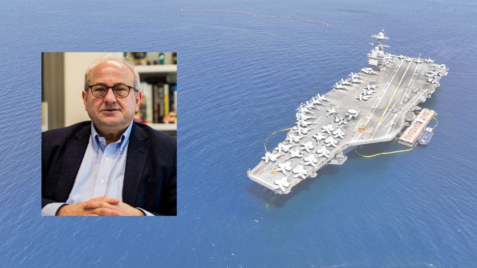 Headshot of Michael Shifter imposed on a photo of an aircraft carrier on the water.