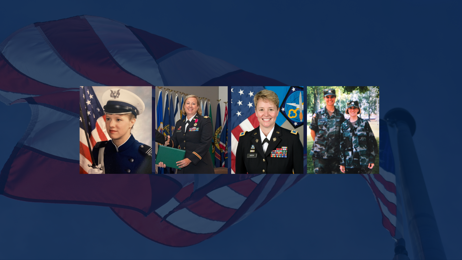 A collage of four individuals in U.S. military uniforms, from different branches, with the American flag in the background. Each person is shown in a different setting, highlighting the diversity within the military.
