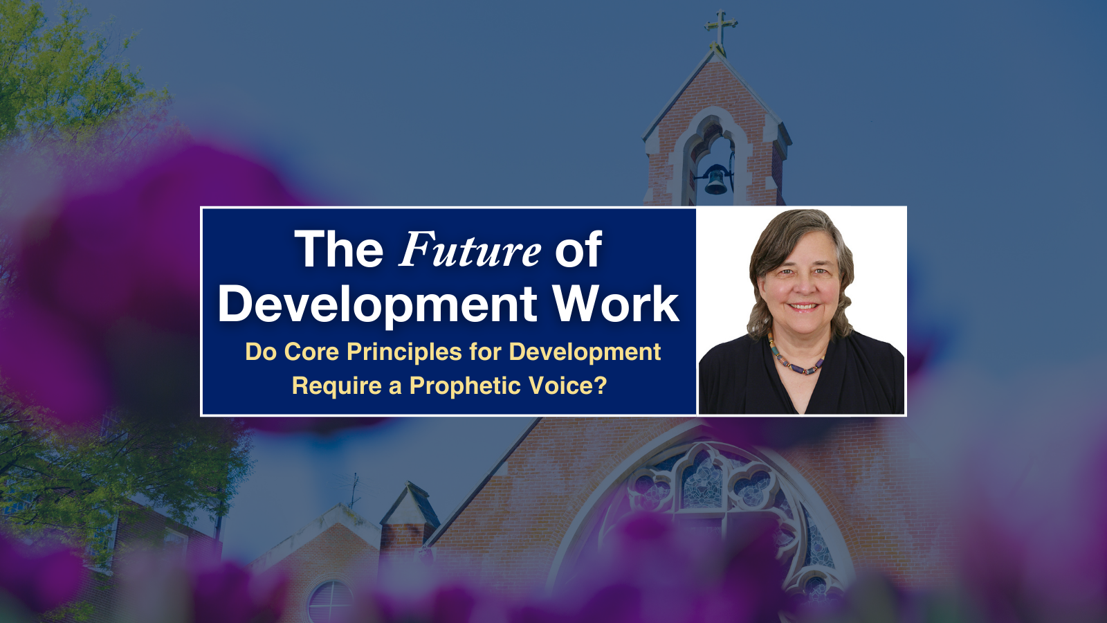 A woman in a black shirt and colorful necklace superimposed over an image of a church steeple with a bell tower.