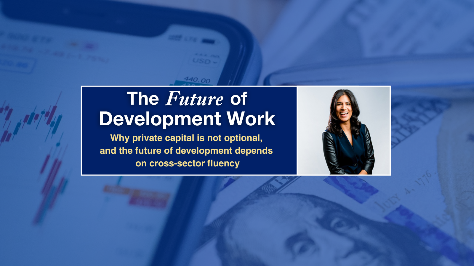 A woman in a black suit with black hair smiles. Her photo is superimposed over an image of a phone showing stock market levels, a one hundred dollar bill, and a silver ink pen.