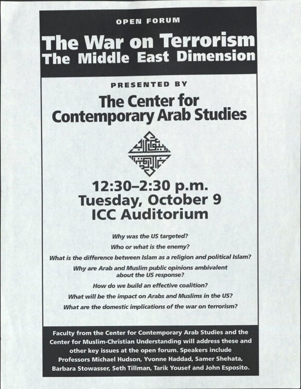 Flyer for event about the War on Terrorism held on Tuesday, October 9, 2001.