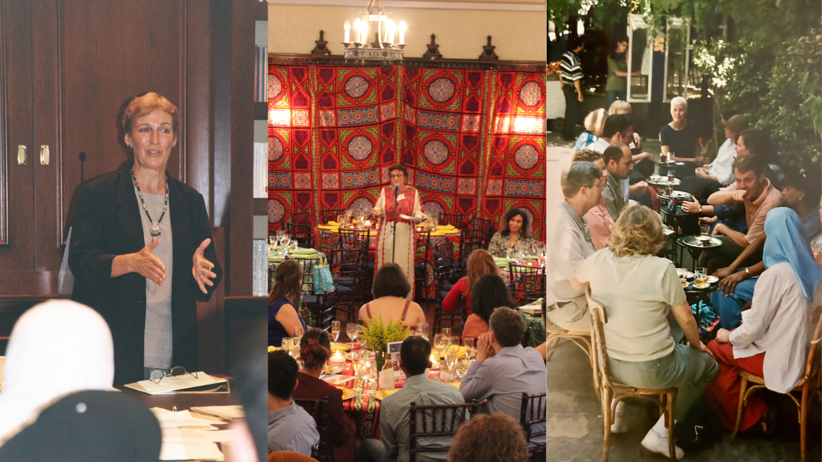 Collage of three images: historical image of Judith Tucker teaching; middle photo shows Fida Adely speaking at the CCAS and MAAS celebration; third photo shows a gathering at an Educational Outreach Trip to Syria and Turkey