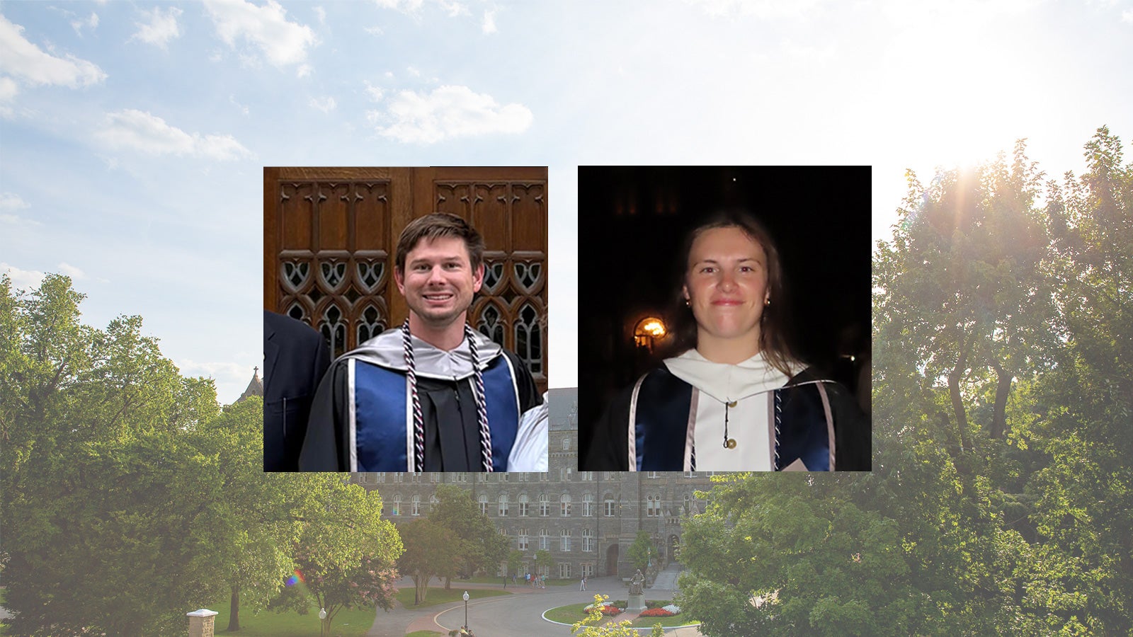 Three photos showing a graduating student in front of ornate wall, a graduating student outside at night, and an old stone building with intricate architecture and bright green foliage.