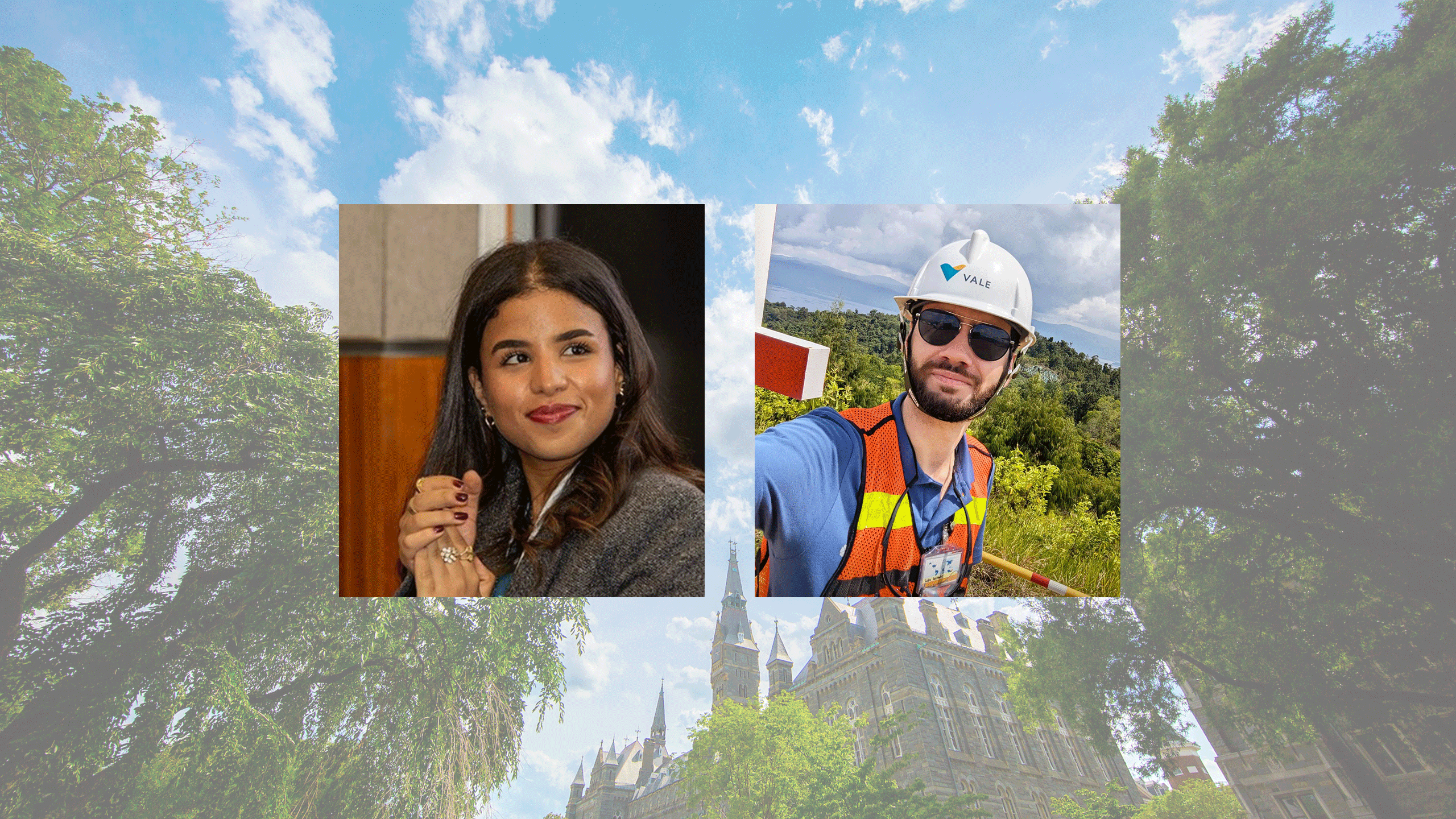 Two headshots superimposed over washed-out Healy Hall