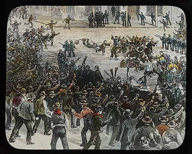 An illustration from 1886 of white men in hats, kerchiefs, pants, and vests beating and shooting Chinese men and boys.