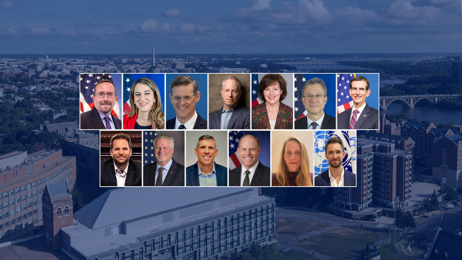 13 headshots of various individuals superimposed onto a background of the Georgetown University skyline.
