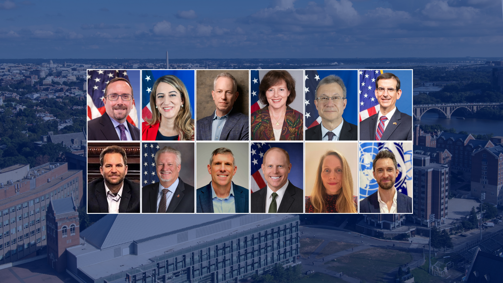 12 headshots of various individuals superimposed onto a background of the Georgetown University skyline.