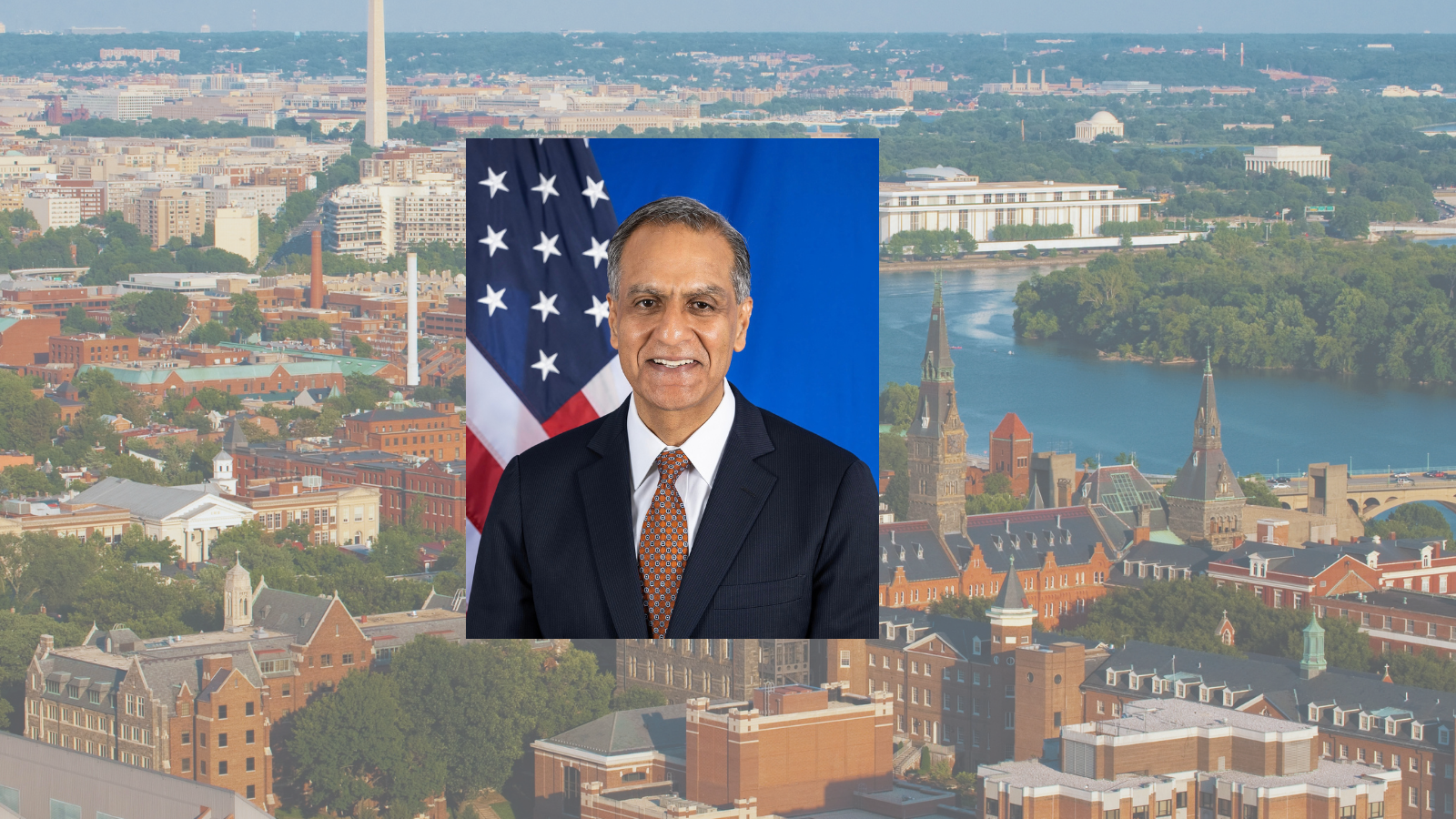 Amb. Richard Verma headshot against backdrop of Georgetown skyline.