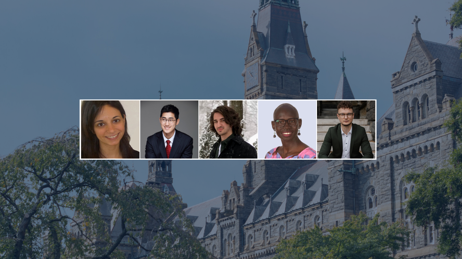 Five headshots of various individuals overlaid against a background image of Georgetown's Healy Hall.