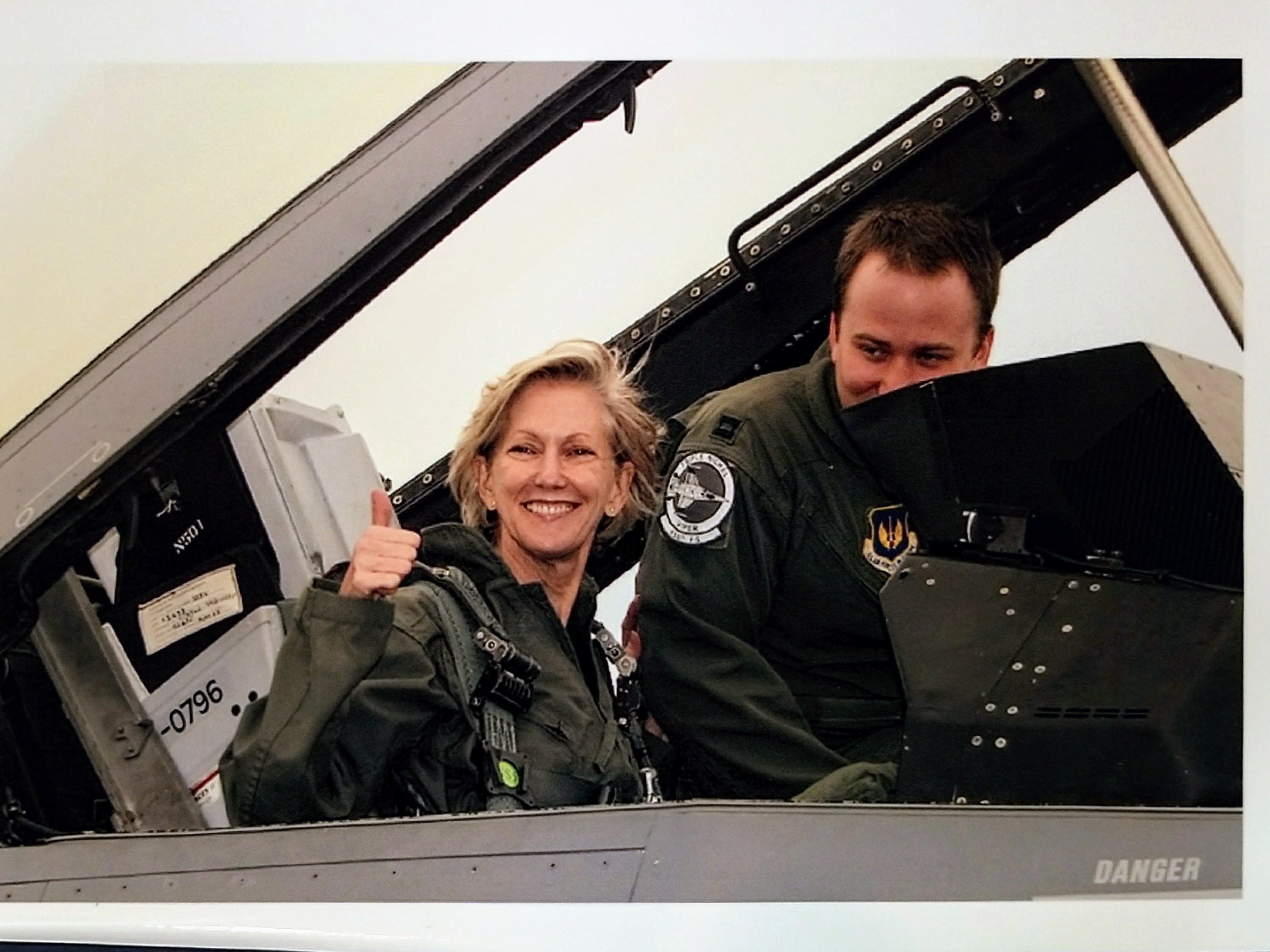 McEldowney in a F-16 fighter jet
